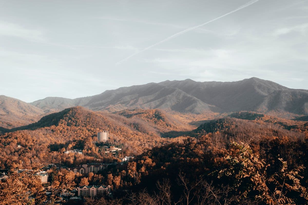 Autumn mountain town nestled in a valley